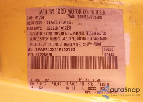 2001 Ford Mustang Gt z USA, uszkodzony, nr VIN 1FAFP42X51F153193